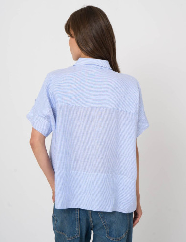 Blouse en lin rayée bleue à...