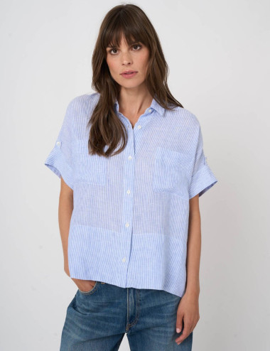 Blouse en lin rayée bleue à...