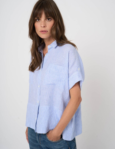 Blouse en lin rayée bleue à...