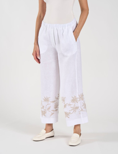 Pantalon en lin blanc brodé...
