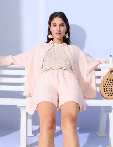 Bermuda en lin rose pêche -...